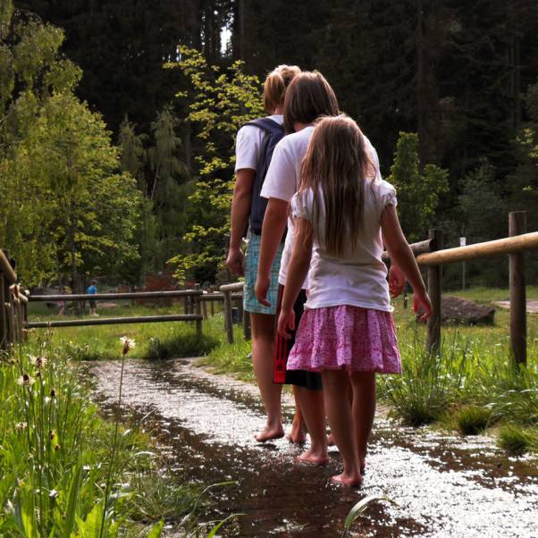 Foto einer kleinen Familie auf dem Barfußpfad Dornstetten